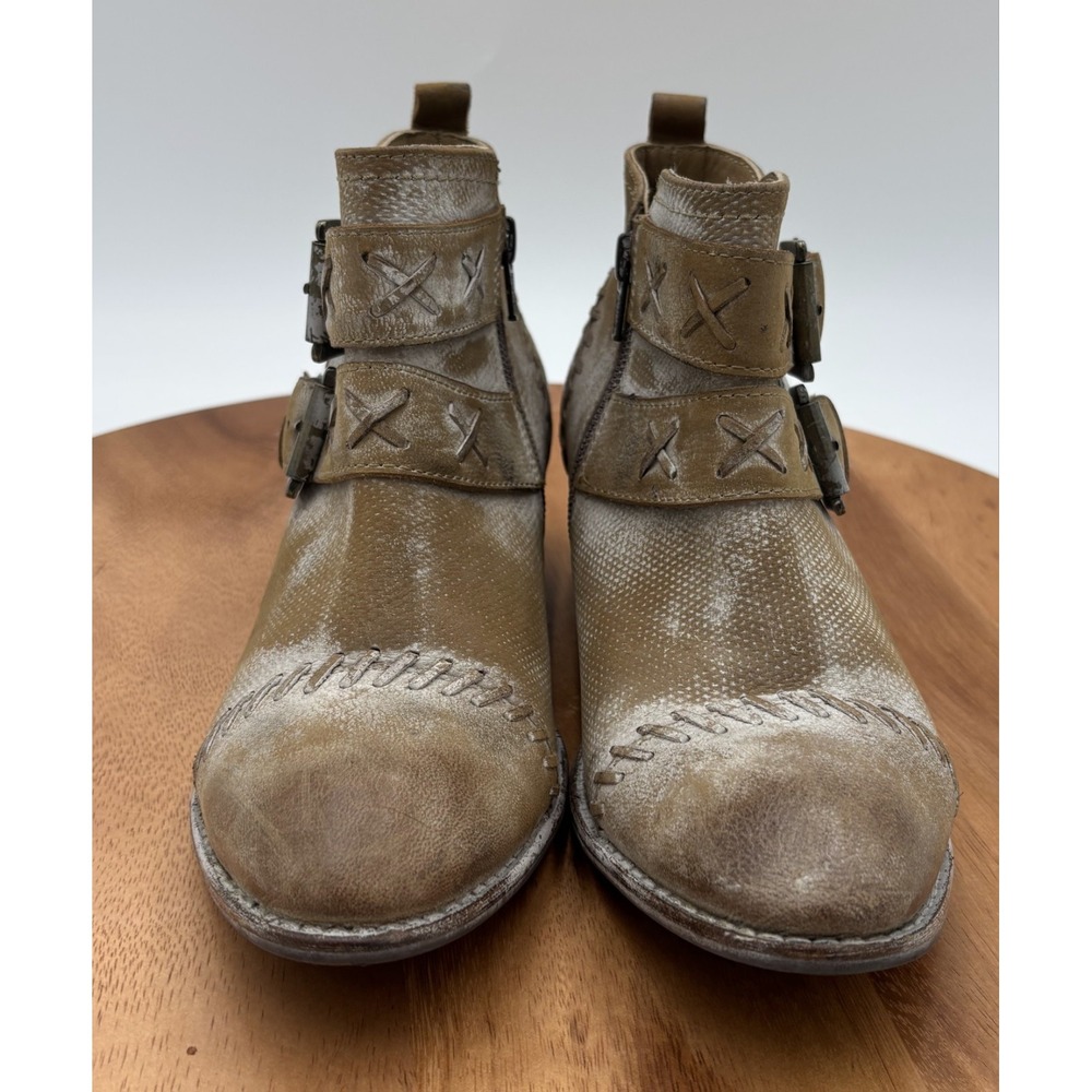 ROAN By Bed Stu Dune Heeled Leather Ankle Booties Distressed Tan White 6 - Picture 2 of 8